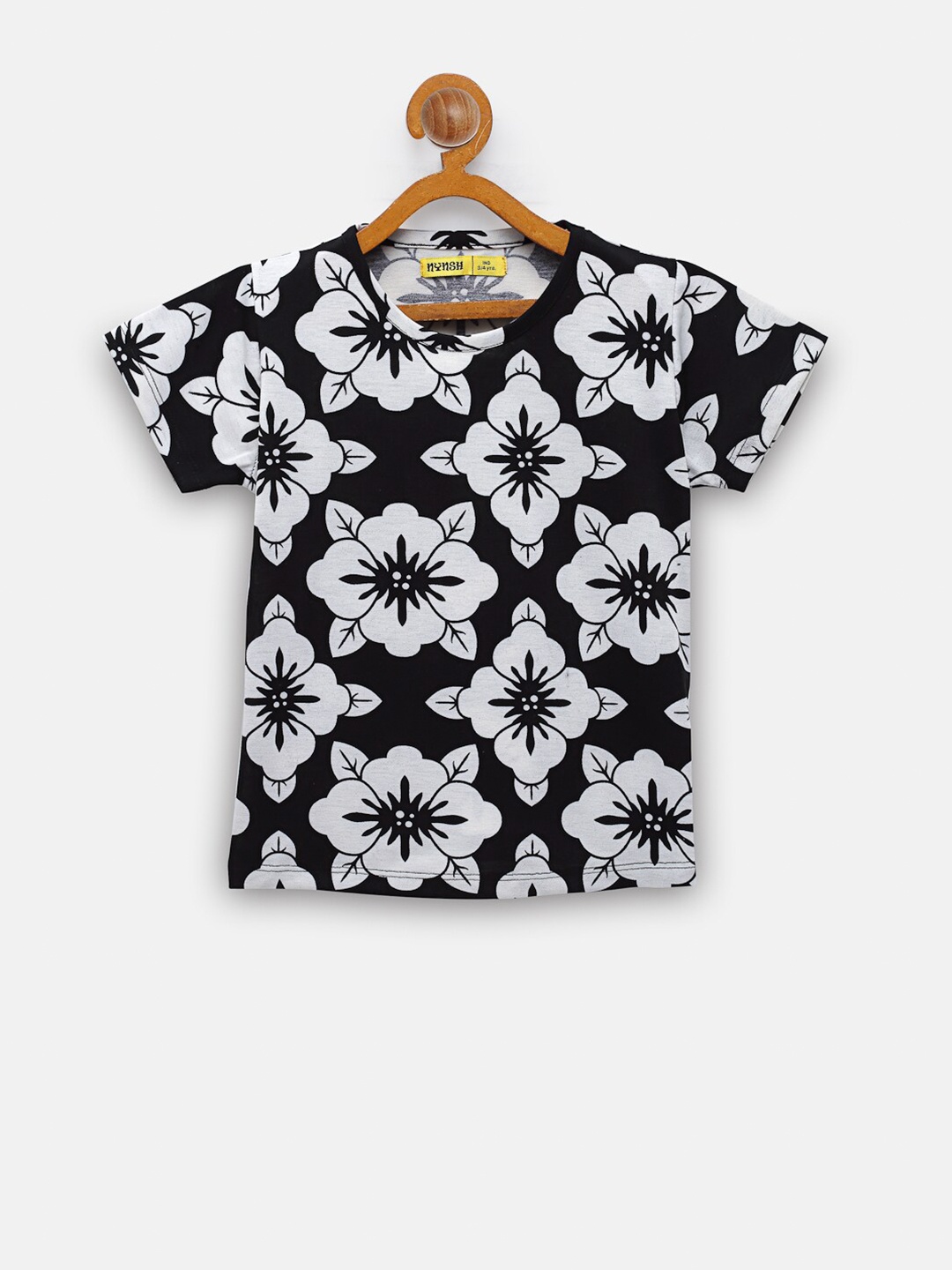 

NYNSH Girls Black & White Floral Printed Pure Cotton T-shirt