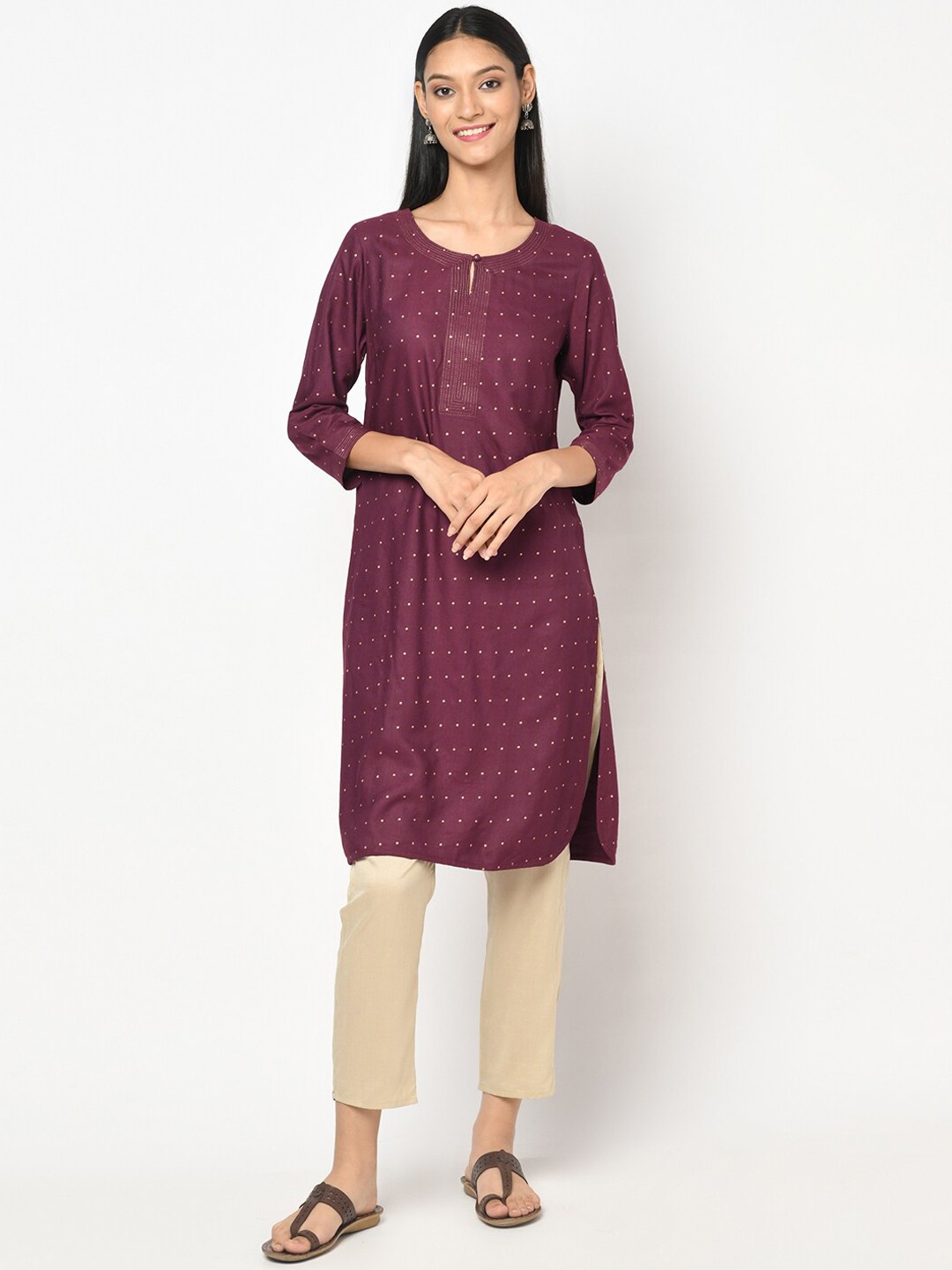 

Fabindia Women Maroon Ethnic Motifs Embellished Keyhole Neck Flared Sleeves Kurta