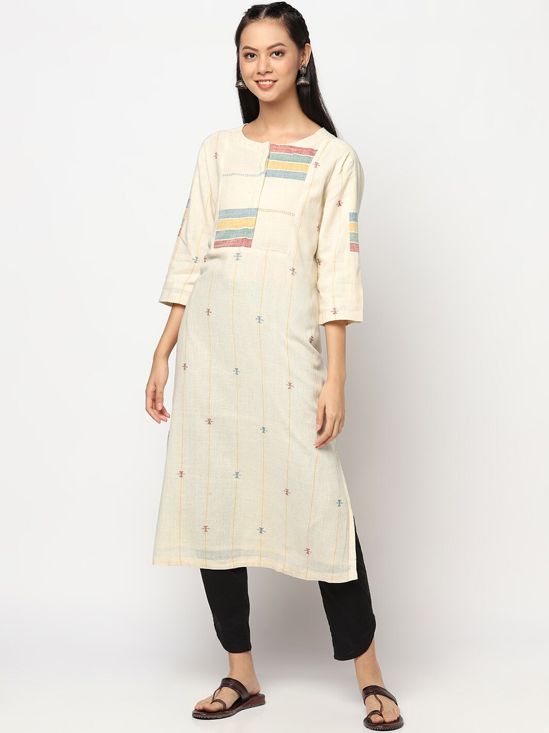 

Fabindia Women Cream-Coloured Woven Design Kurta