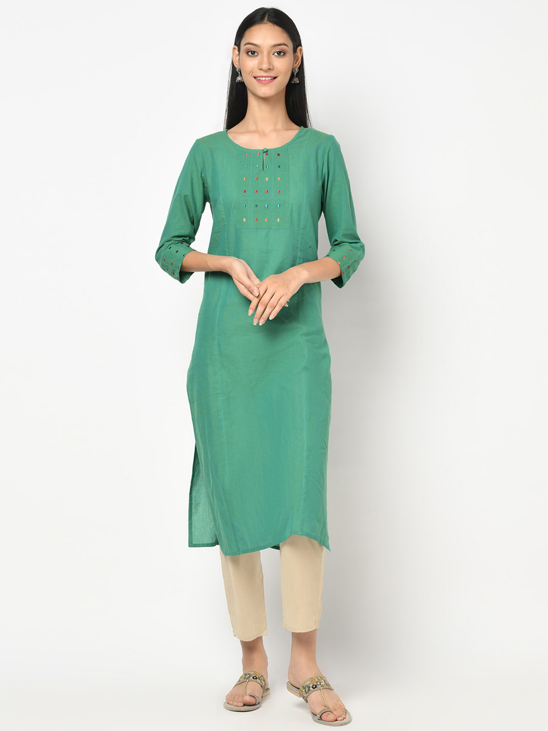 

Fabindia Women Green Embroidered Keyhole Neck Flared Sleeves Mirror Work Kurta