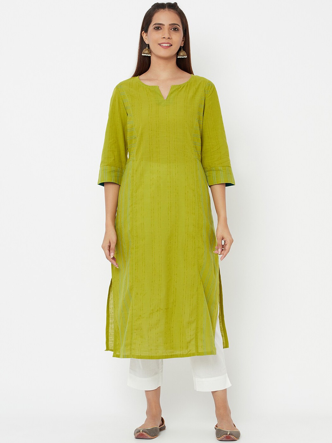 

Fabindia Women Green Striped Keyhole Neck Thread Work Kurta