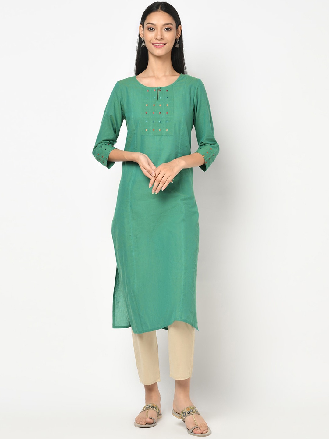 

Fabindia Women Green Geometric Yoke Design Thread Work Kurta