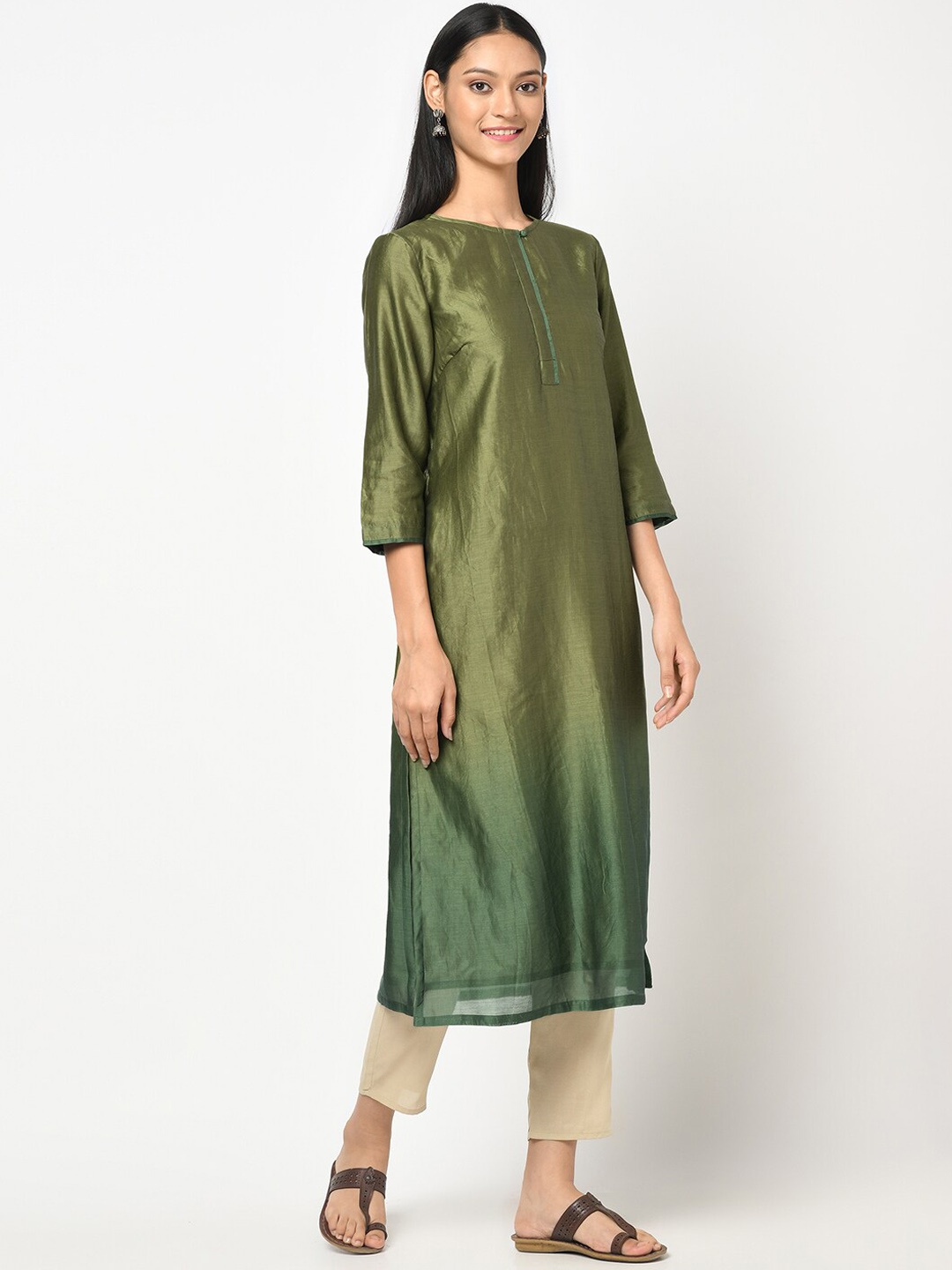 

Fabindia Women Olive Green Cotton Silk Kurta