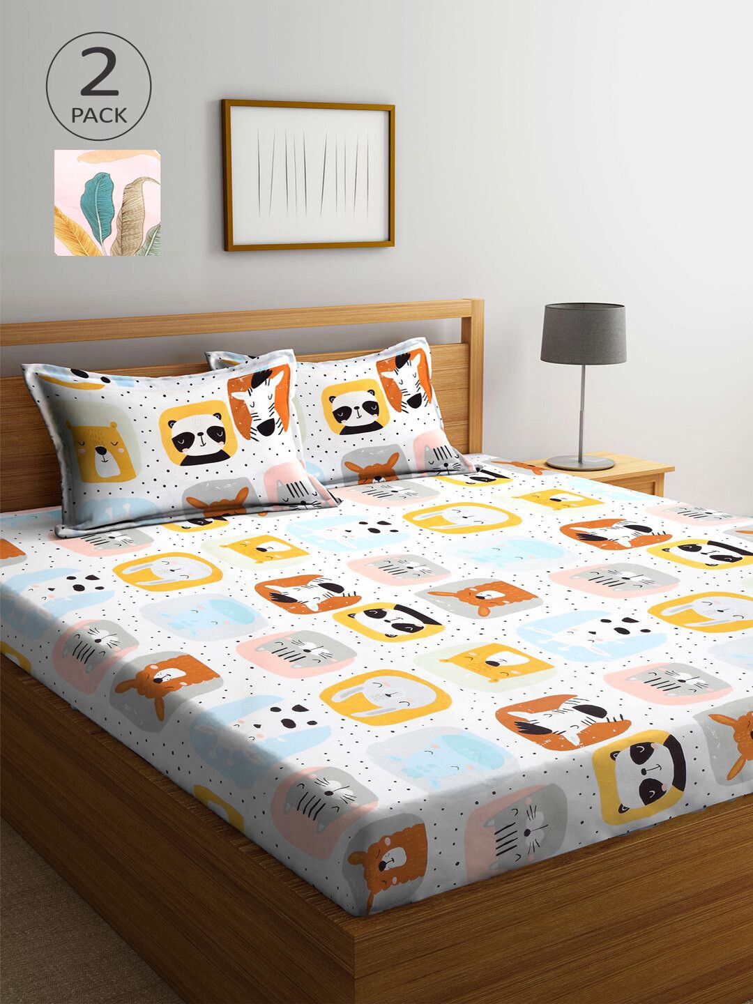 

KLOTTHE White & Pink Cartoon Characters 210 TC 2 King Bedsheet with 4 Pillow Covers