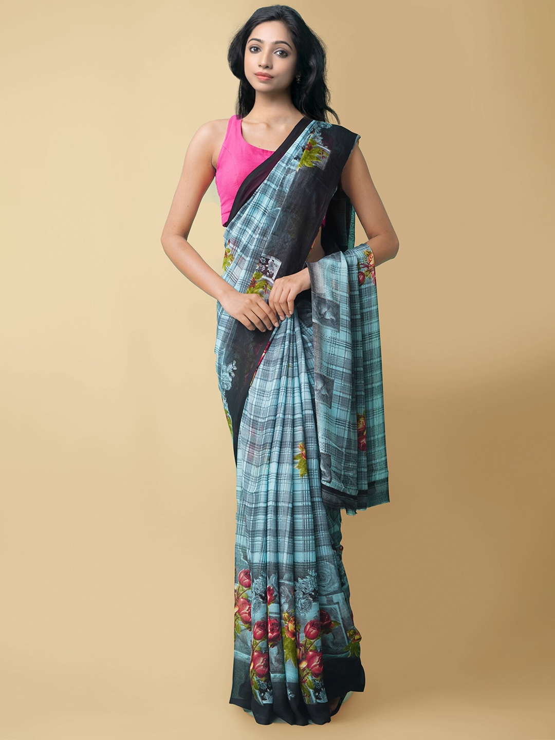 

Unnati Silks Blue & Green Floral Block Printed Saree