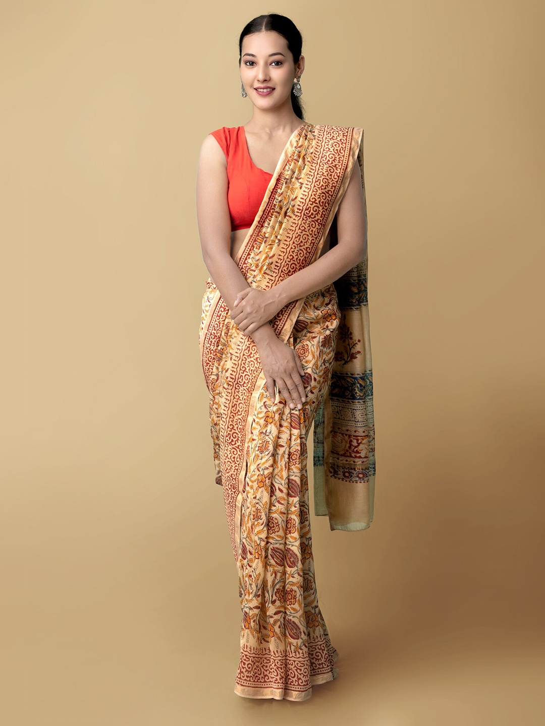 

Unnati Silks Brown & Yellow Pure Preet Bagru Chanderi Sico Saree
