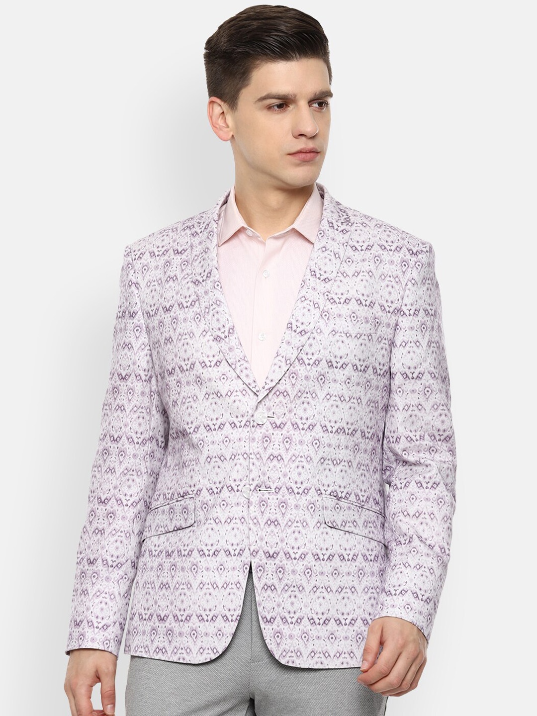 

V Dot Men White & Purple Printed Slim-Fit Single-Breasted Casual Blazer