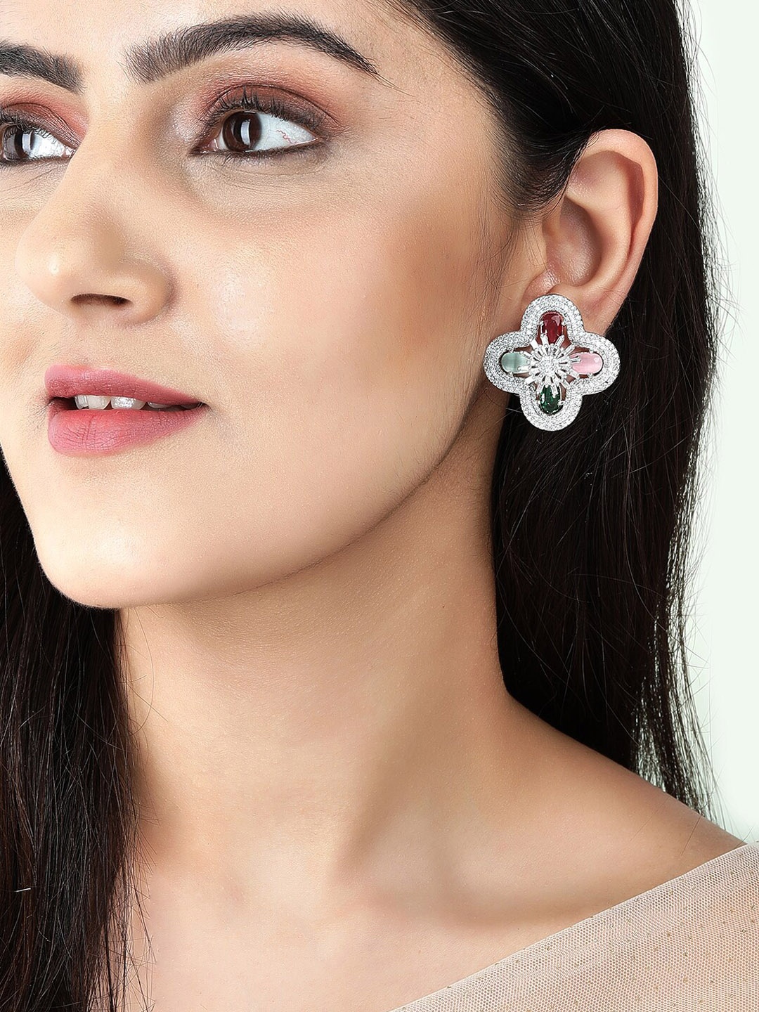 

Rubans Silver-Plated AD Studded Oversized Stud Earrings