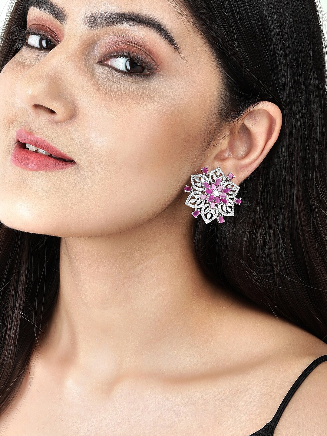 

Rubans Silver-Toned & Purple Floral Studs Earrings
