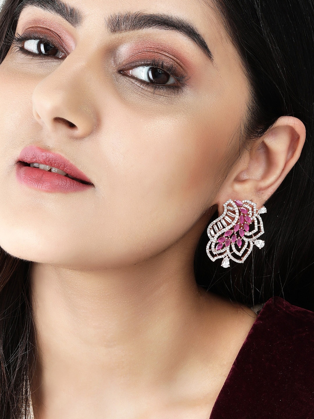

Rubans Silver-Plated White & Pink Contemporary Drop Earrings