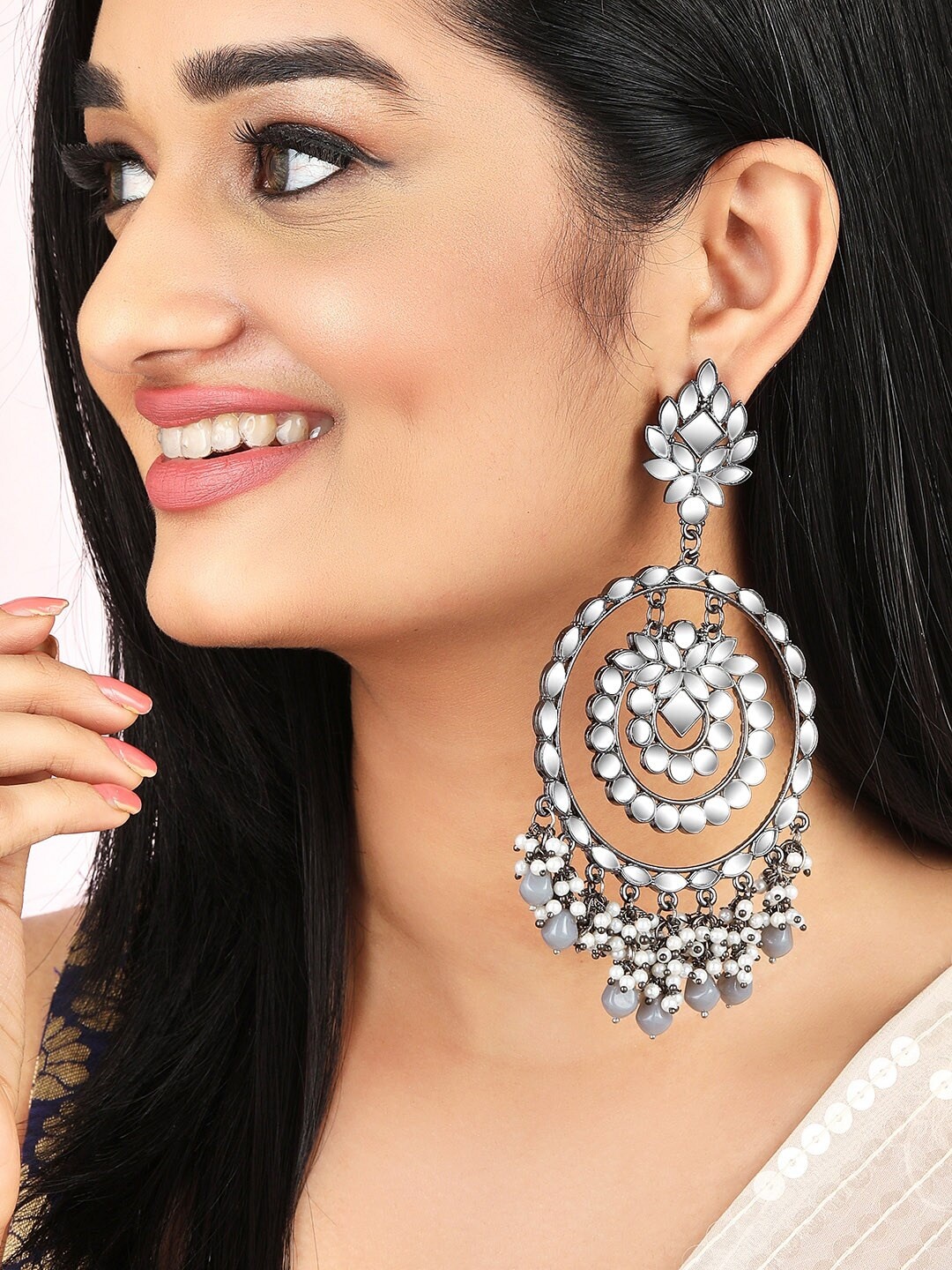 

Rubans Circular Shape Mirror Work Chandbalis Earrings, Black