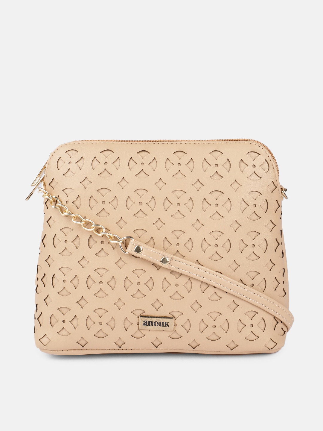 

Anouk Peach-Coloured Textured Structured Sling Bag with Cut Work