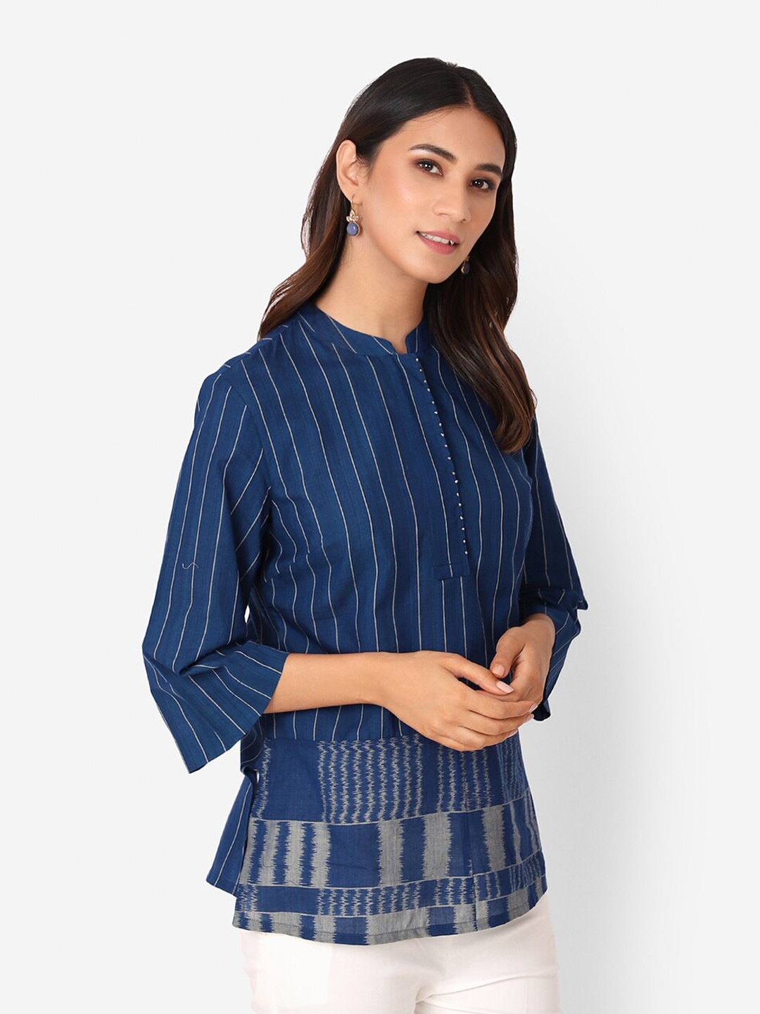 

Fabindia Teal Striped Regular Top