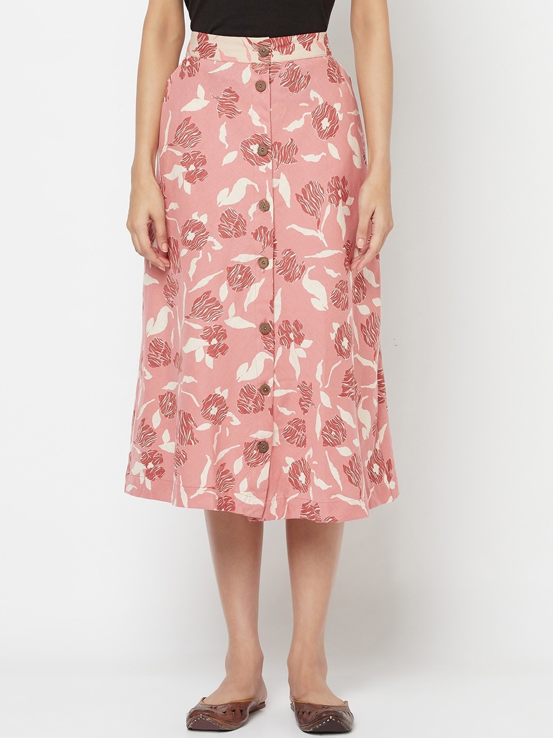 

Fabindia Women Pink & White Floral Printed A-Line Midi Skirt