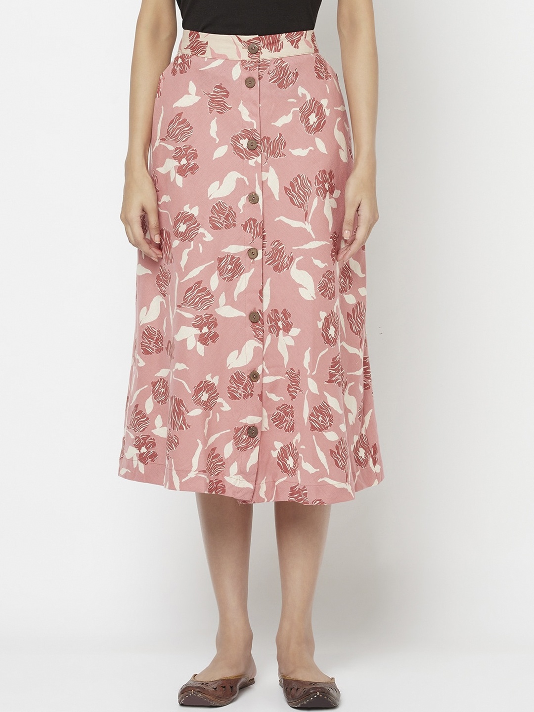 

Fabindia Women Pink & White Floral Printed A-Line Midi Skirt