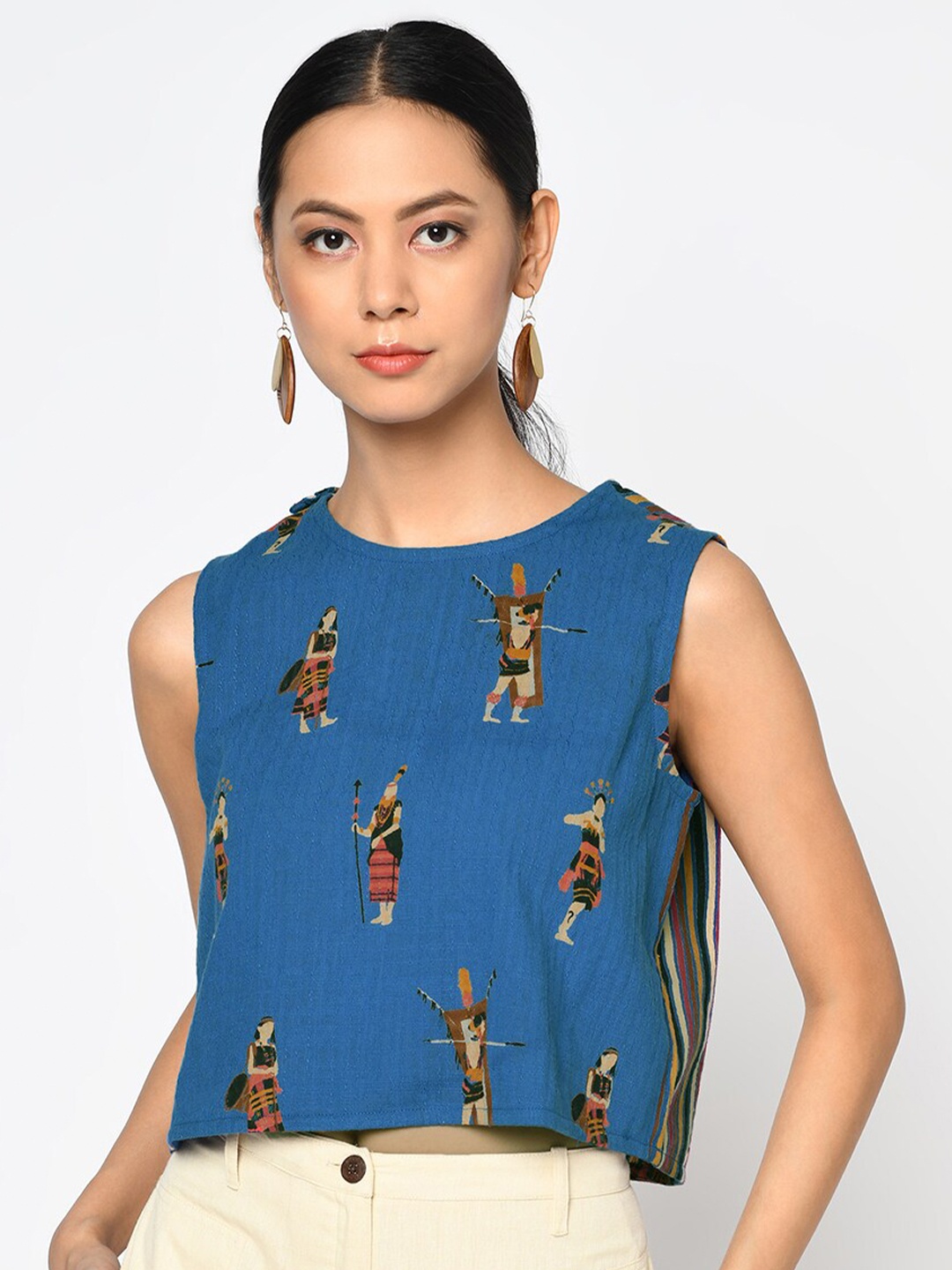 

Fabindia Blue & Brown Printed Cotton Dobby Top