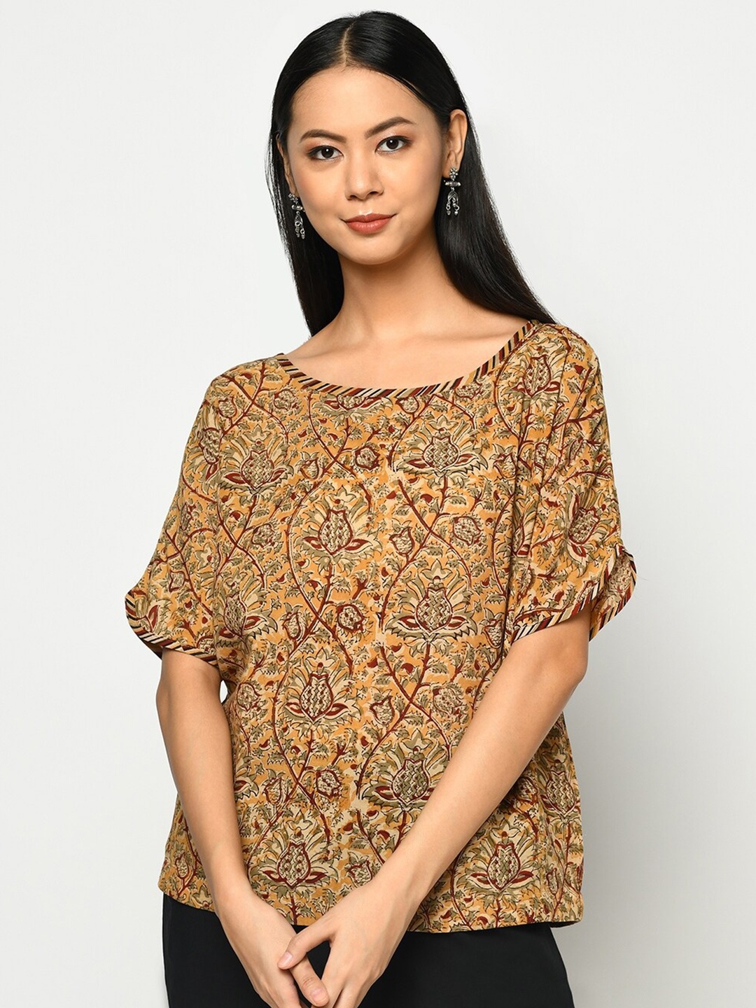 

Fabindia Mustard Yellow Floral Extended Sleeves Top