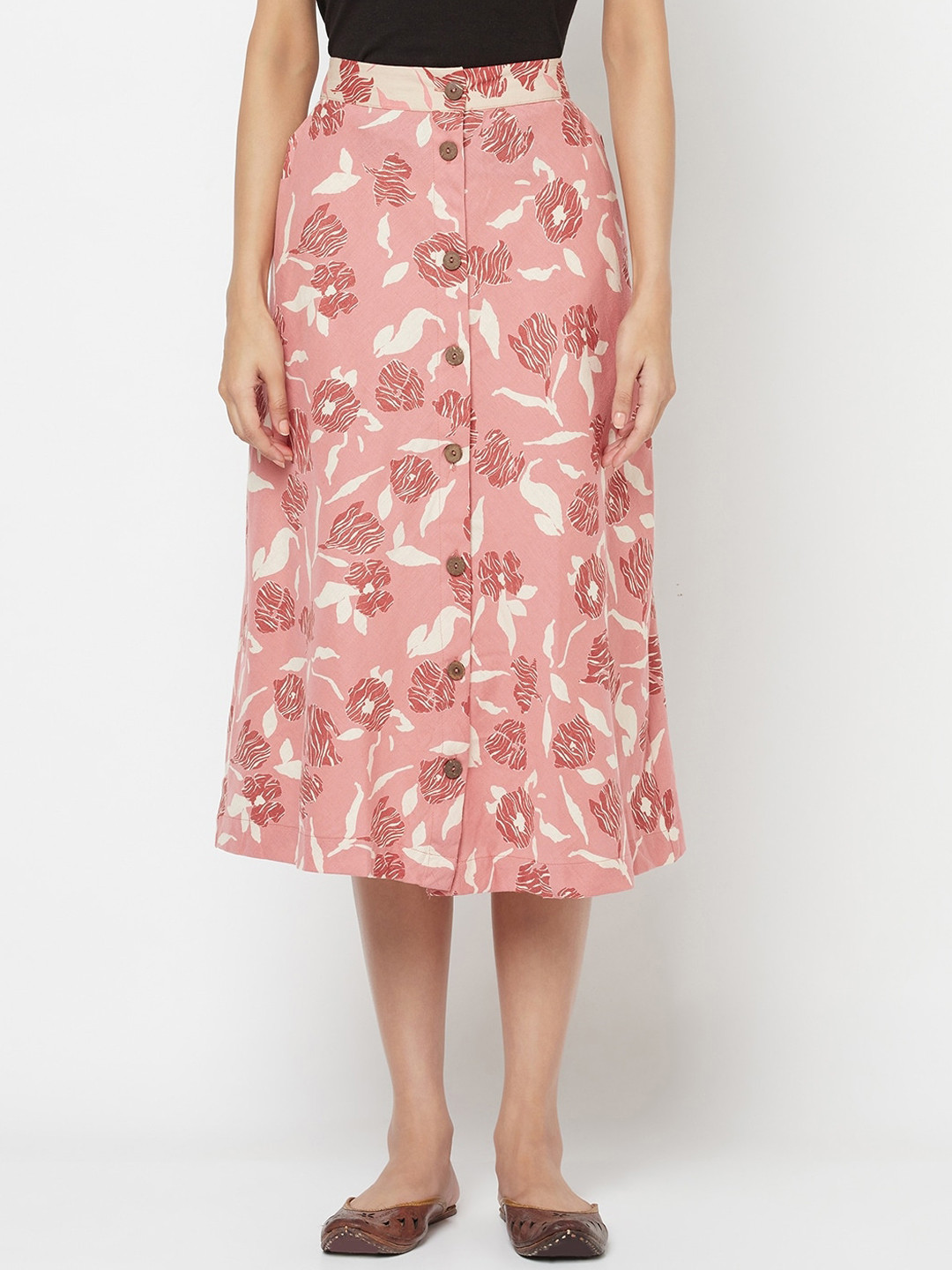 

Fabindia Women Pink & White Printed Cotton Linen Midi Skirt