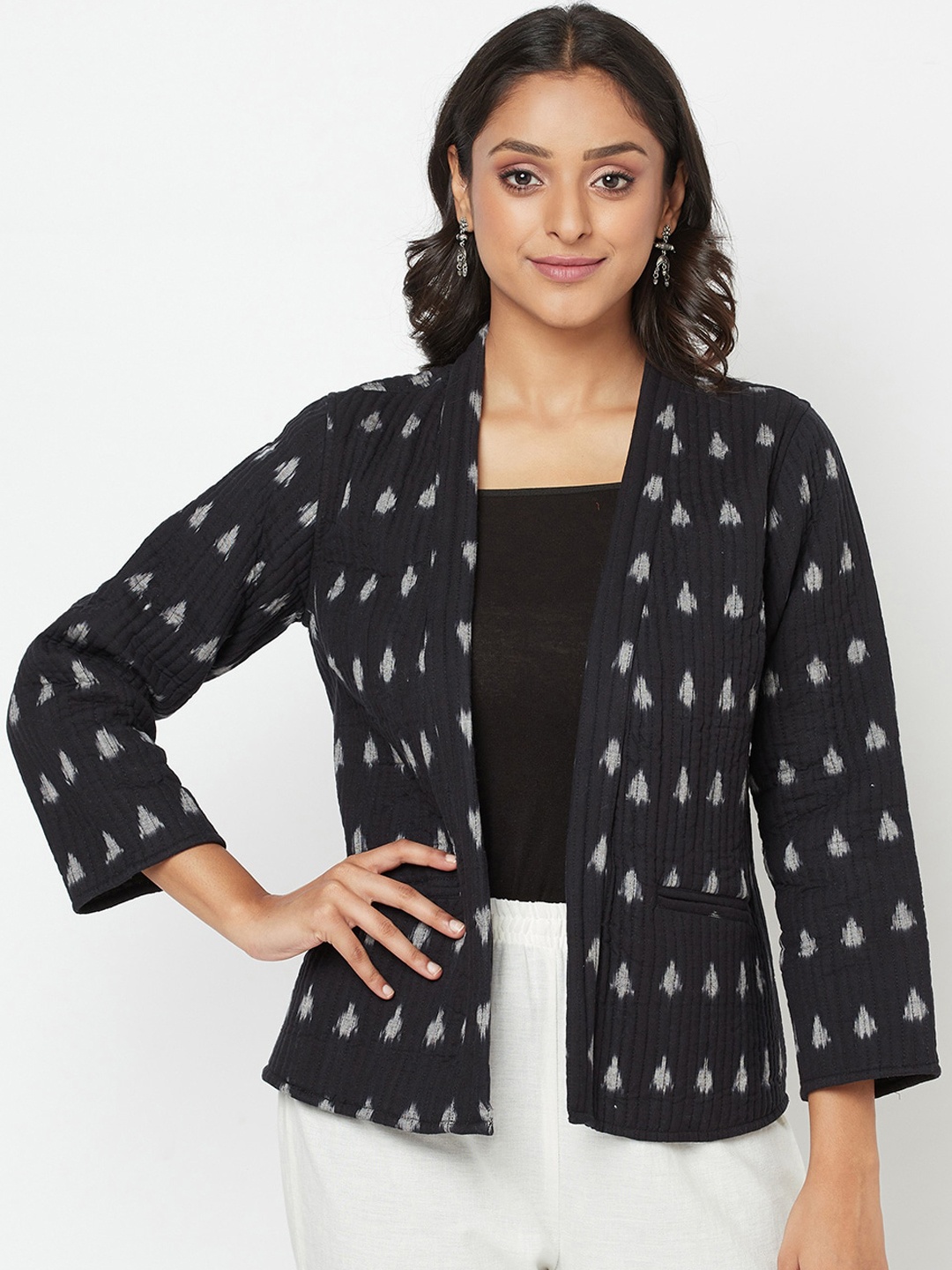 

Fabindia Women Black & White Ikat Quilted Cotton Open Front Jacket