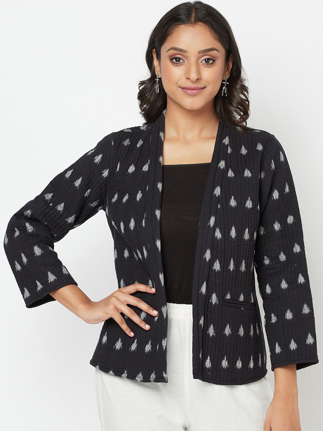 

Fabindia Women Black ikkat Quilted Longline Open Front Jacket