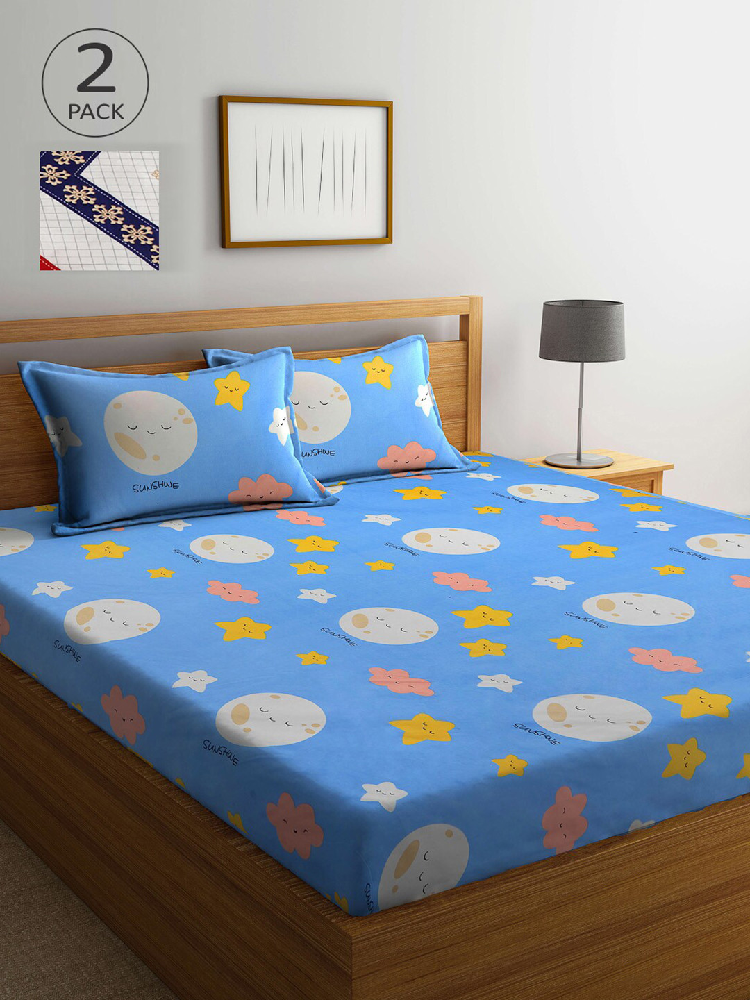 

KLOTTHE Blue & Grey Cartoon Characters 210 TC 2 King Bedsheet with 4 Pillow Covers