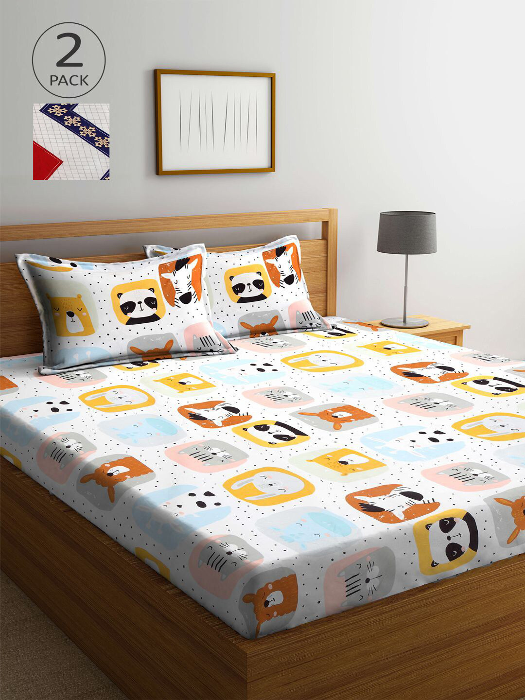 

KLOTTHE White & Red Cartoon Characters 210 TC 2 King Bedsheet with 4 Pillow Covers