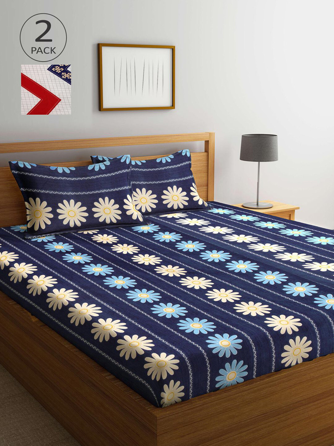 

KLOTTHE Blue & Beige Floral 210 TC 2 King Bedsheet with 4 Pillow Covers