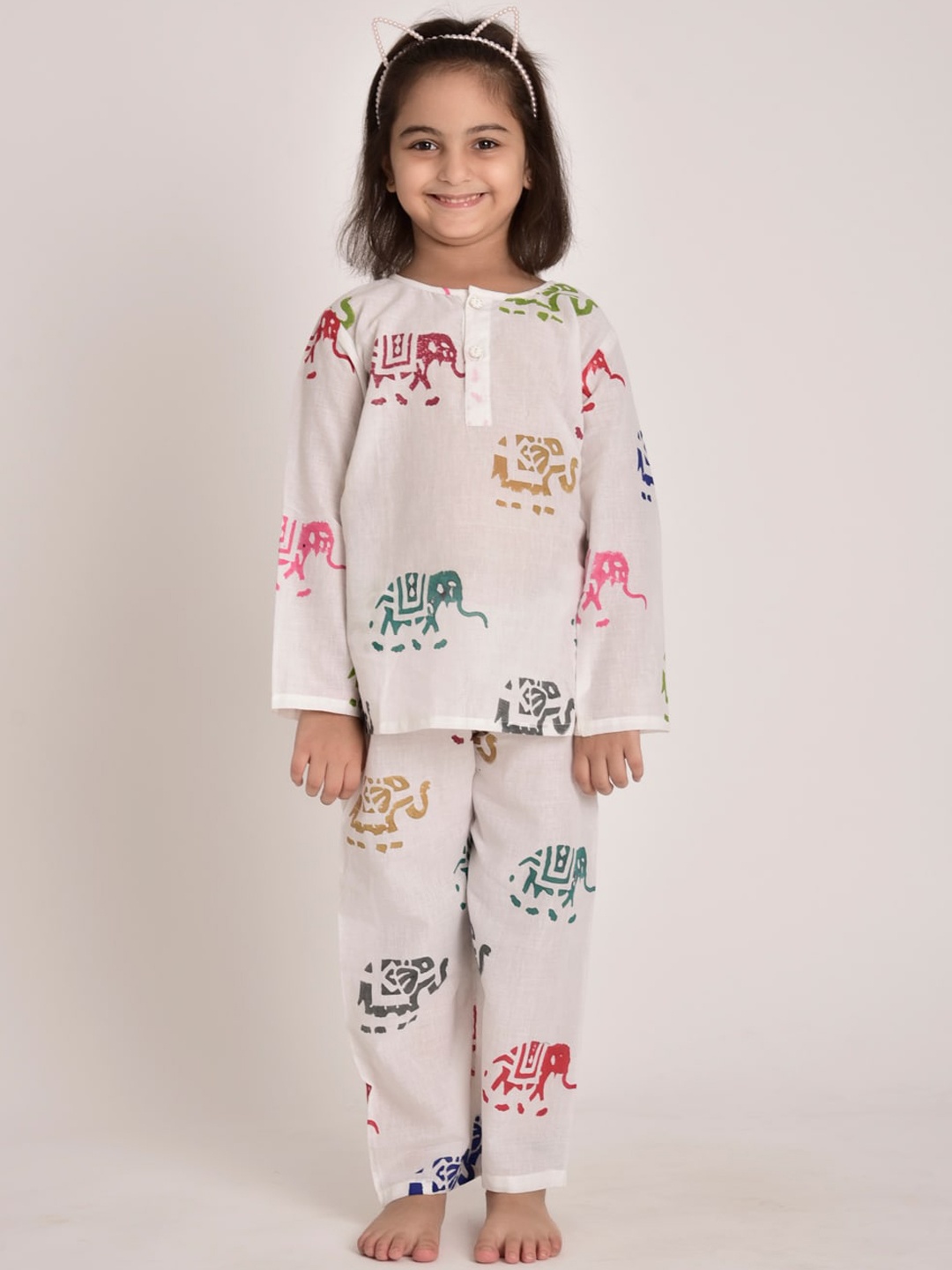 

CUTE LEMONS Kids White & Blue Pure Cotton Printed Night suit