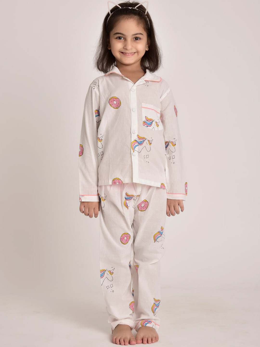 

CUTE LEMONS Girls White & Pink Unicorn Printed Pure Cotton Night suit