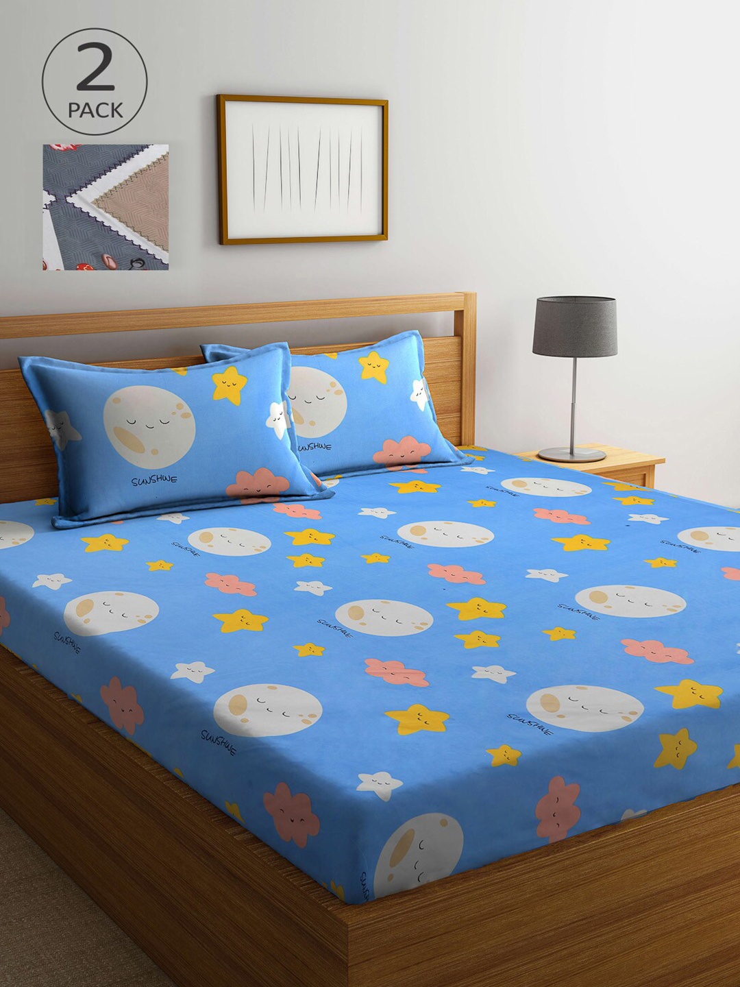 

KLOTTHE Grey & Blue Cartoon Characters 210 TC 2 King Bedsheet with 4 Pillow Covers