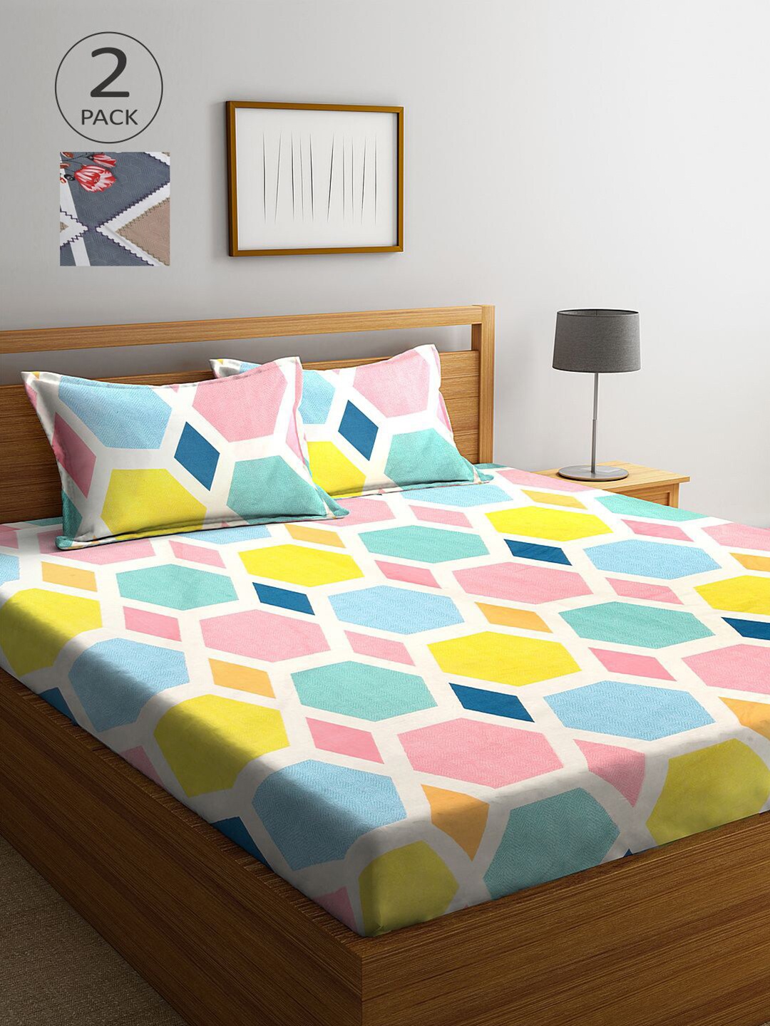 

KLOTTHE Yellow & Grey Geometric 210 TC 2 King Bedsheets with 4 Pillow Covers