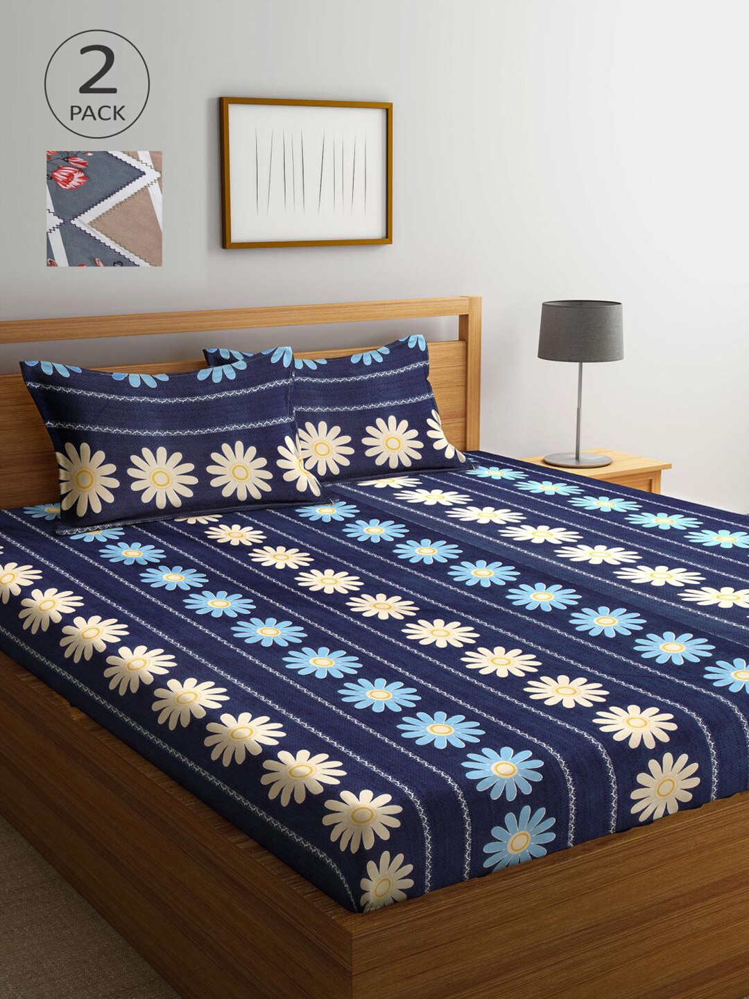 

KLOTTHE Set Of 2 - 210TC Double King Bedsheets With 4 Pillow Covers, Navy blue