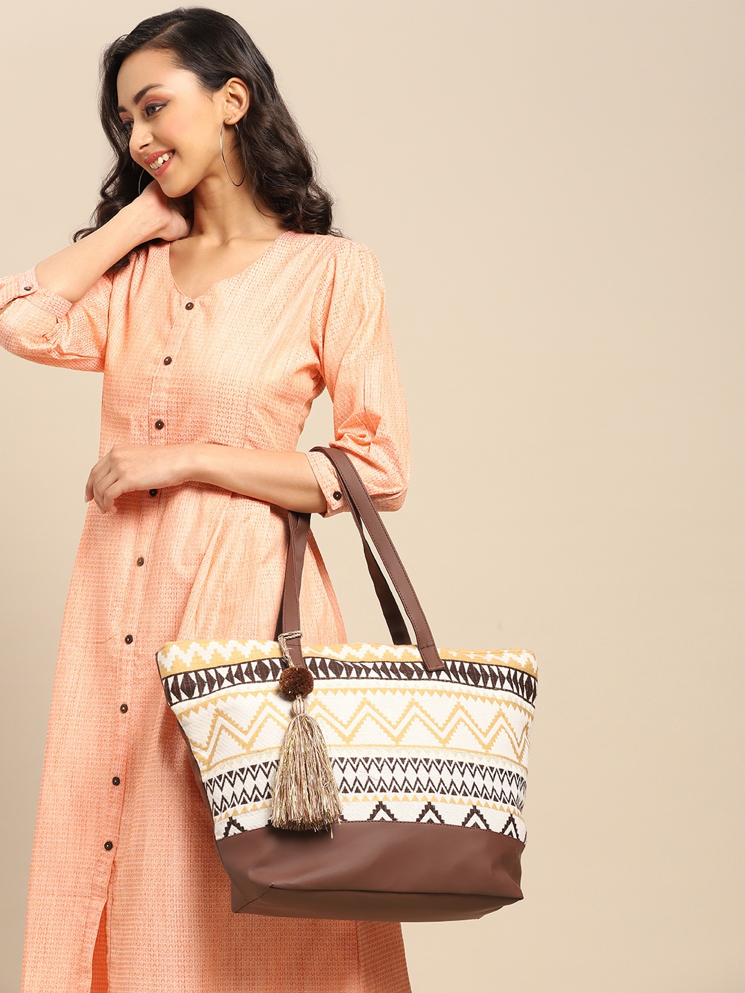 

Anouk Coffee Brown & Off-White Jacquard Woven Design Shoulder Bag with Tassel