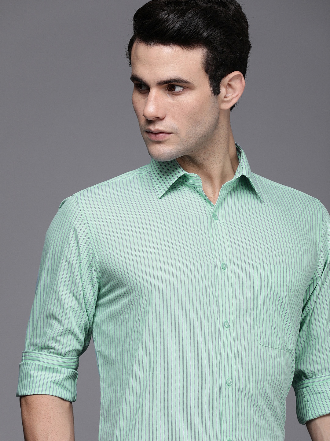 

Raymond Men Green & Blue Slim Fit Striped Formal Shirt