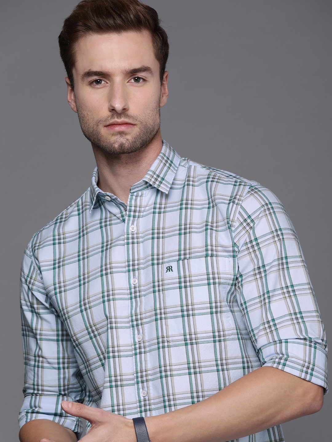 

Raymond Men Blue & Grey Checked Slim Fit Pure Cotton Casual Shirt