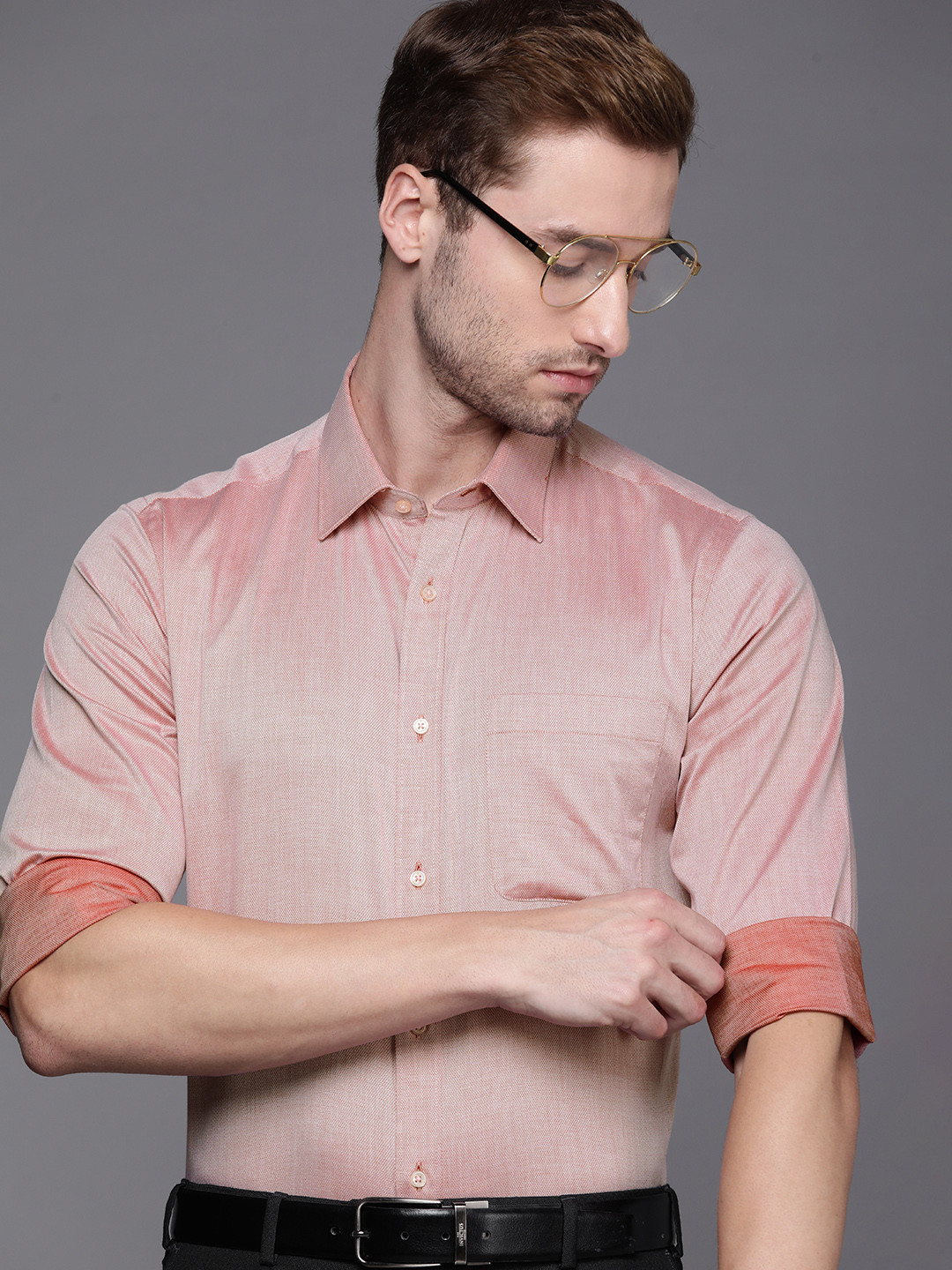 

Raymond Men Coral Orange Slim Fit Textured Pure Cotton Formal Shirt