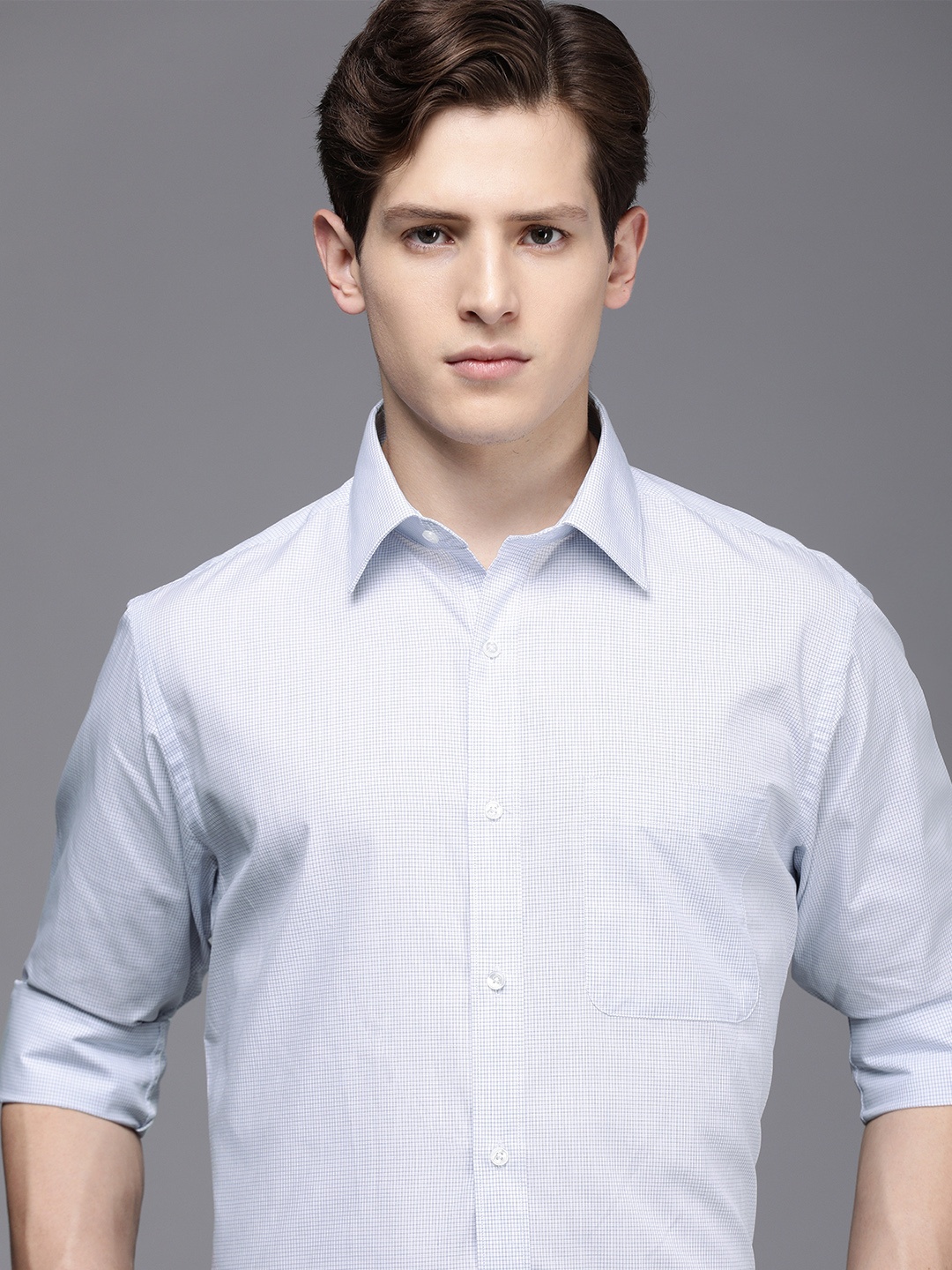 

Raymond Men White & Blue Slim Fit Micro Checked Pure Cotton Formal Shirt