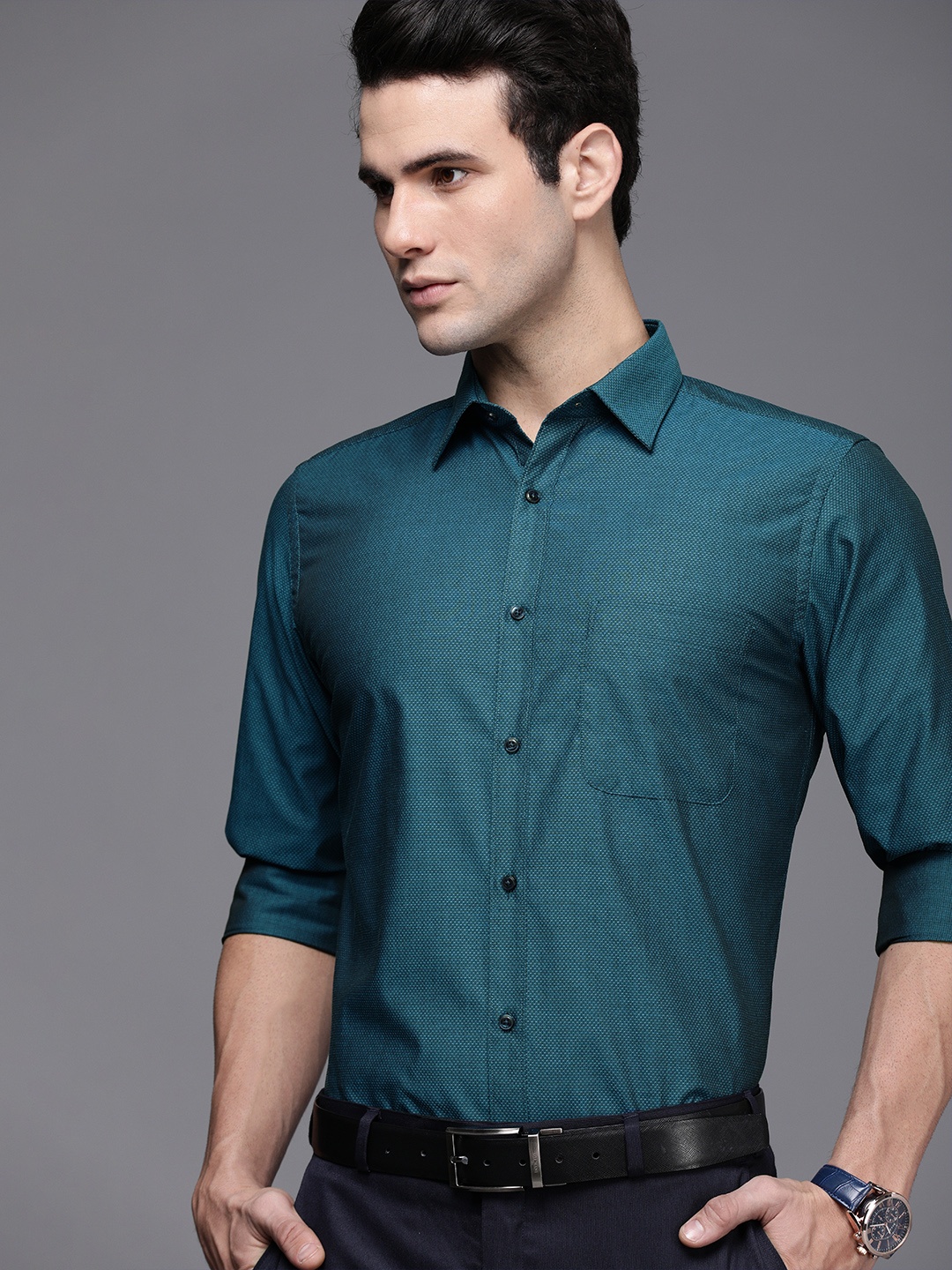 

Raymond Men Teal Blue Slim Fit Textured Pure Cotton Formal Shirt