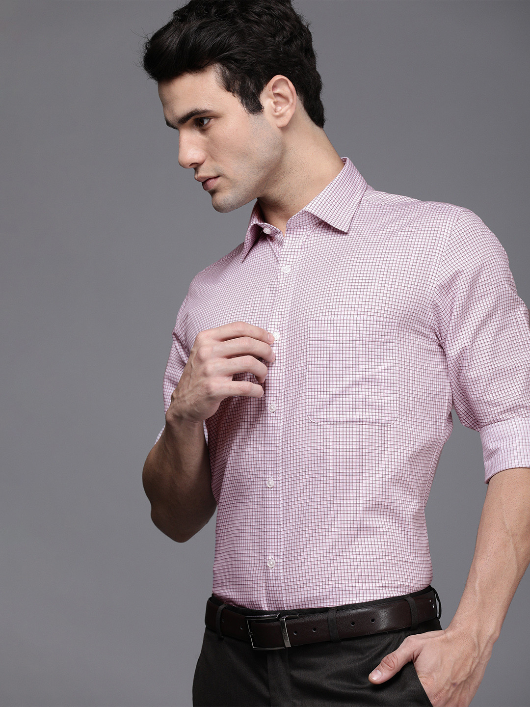 

Raymond Men Medium Red Slim Fit Micro Checked Formal Shirt, Pink