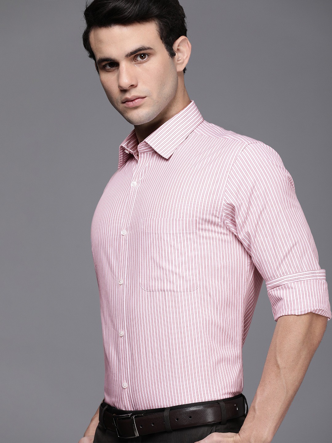

Raymond Men Medium Red Slim Fit Striped Formal Shirt, Pink