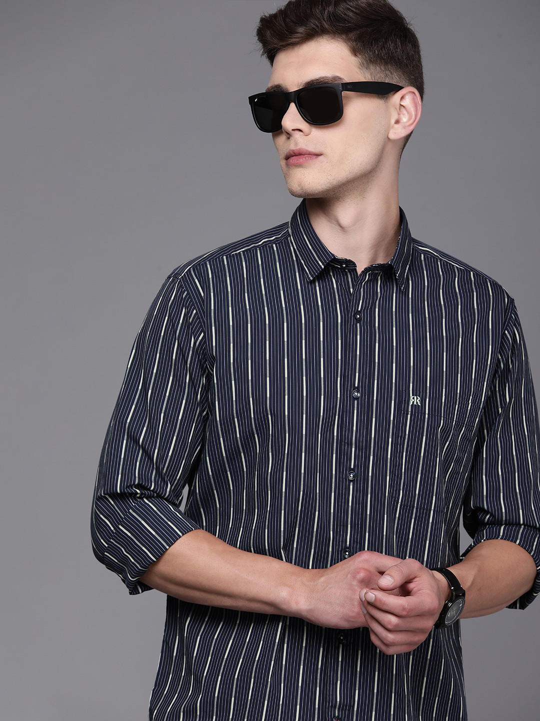

Raymond Men Navy Blue Striped Slim Fit Pure Cotton Casual Shirt