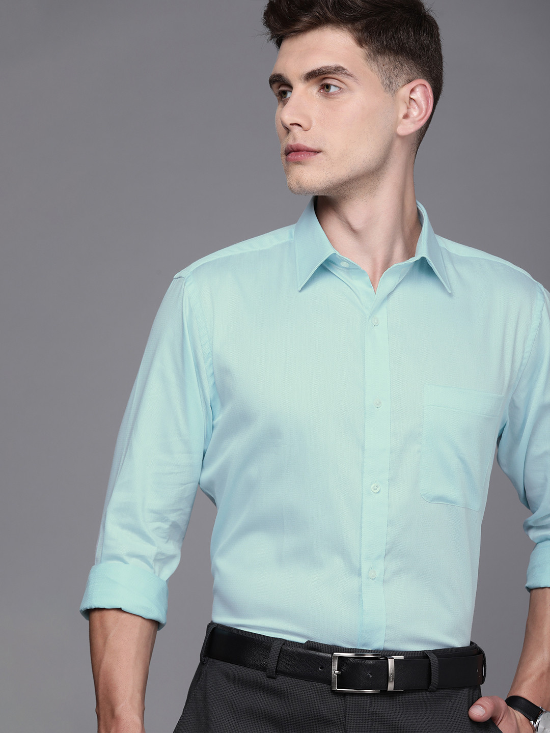 

Raymond Men Mint Green Slim Fit Self-Design Pure Cotton Formal Shirt