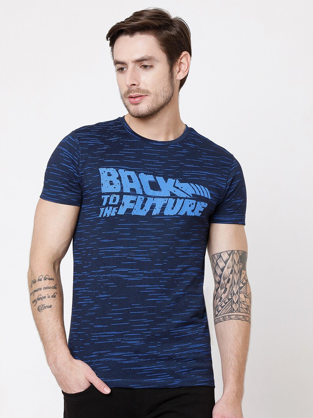 

Rex Straut Jeans Men Navy Blue Typography Printed Slim Fit T-shirt