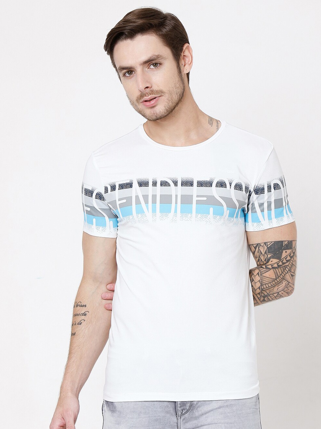 

Rex Straut Jeans Men White Typography Printed Pockets Slim Fit T-shirt