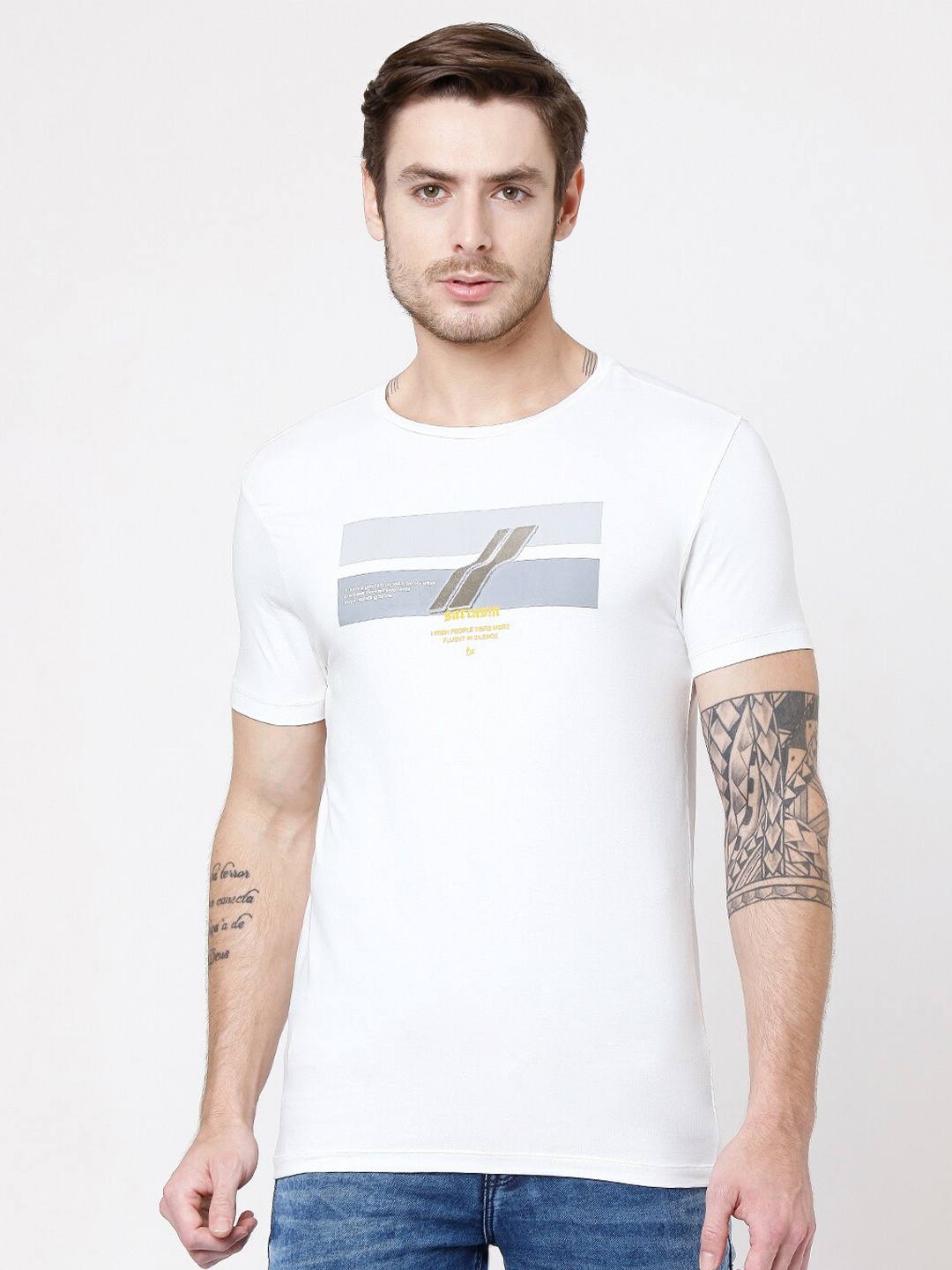 

Rex Straut Jeans Men White Typography Printed Applique Slim Fit T-shirt