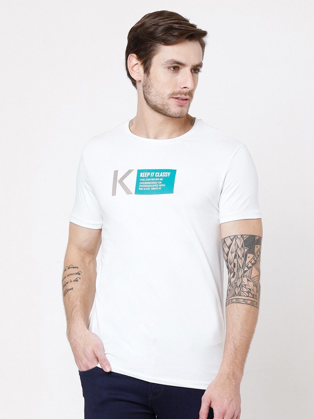 

Rex Straut Jeans Men White Typography Printed Slim Fit T-shirt