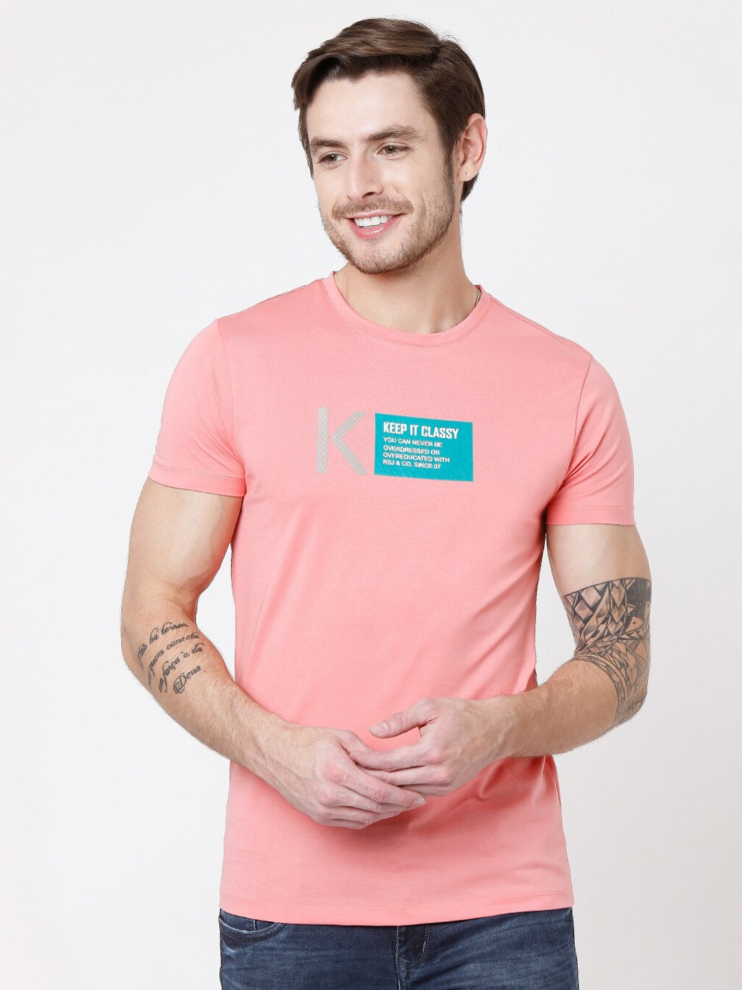 

Rex Straut Jeans Men Peach Typography Printed Slim Fit T-shirt