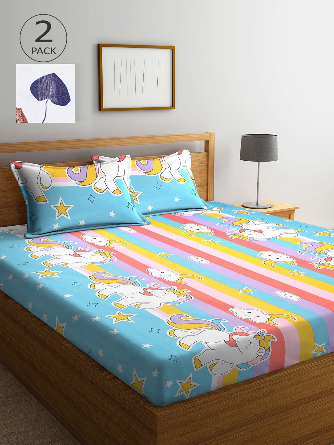 

KLOTTHE Blue & White Cartoon Characters 210 TC 2 King Bedsheet with 4 Pillow Covers