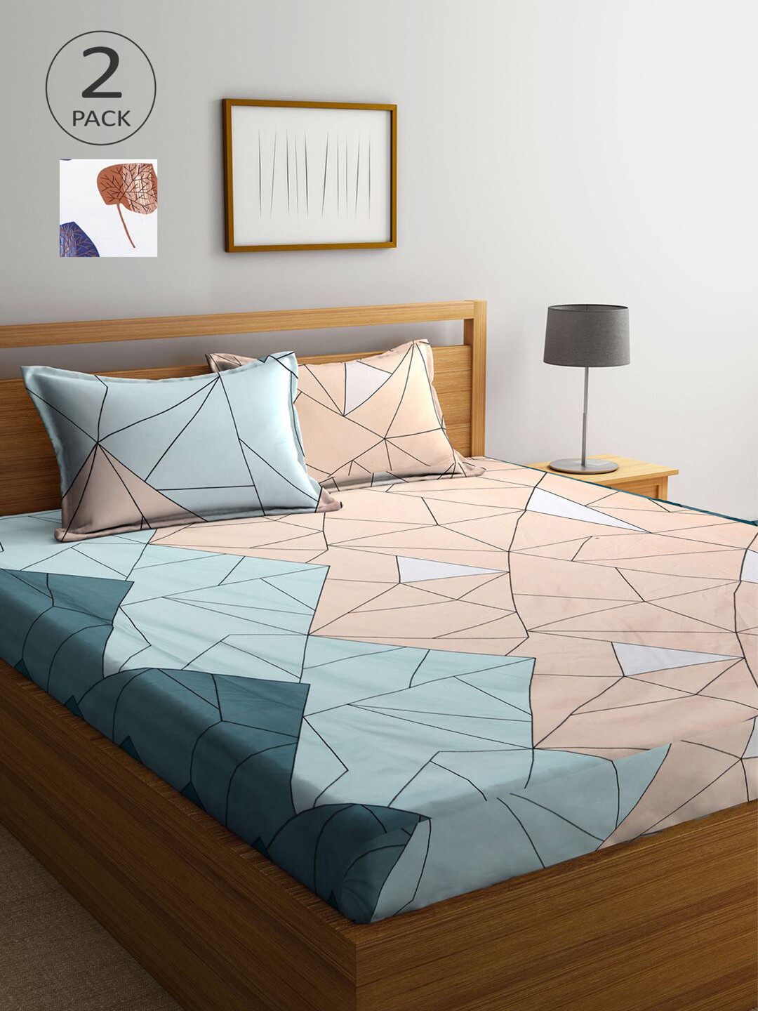 

KLOTTHE Blue & Coral Orange Geometric 210 TC 2 King Bedsheet with 4 Pillow Covers