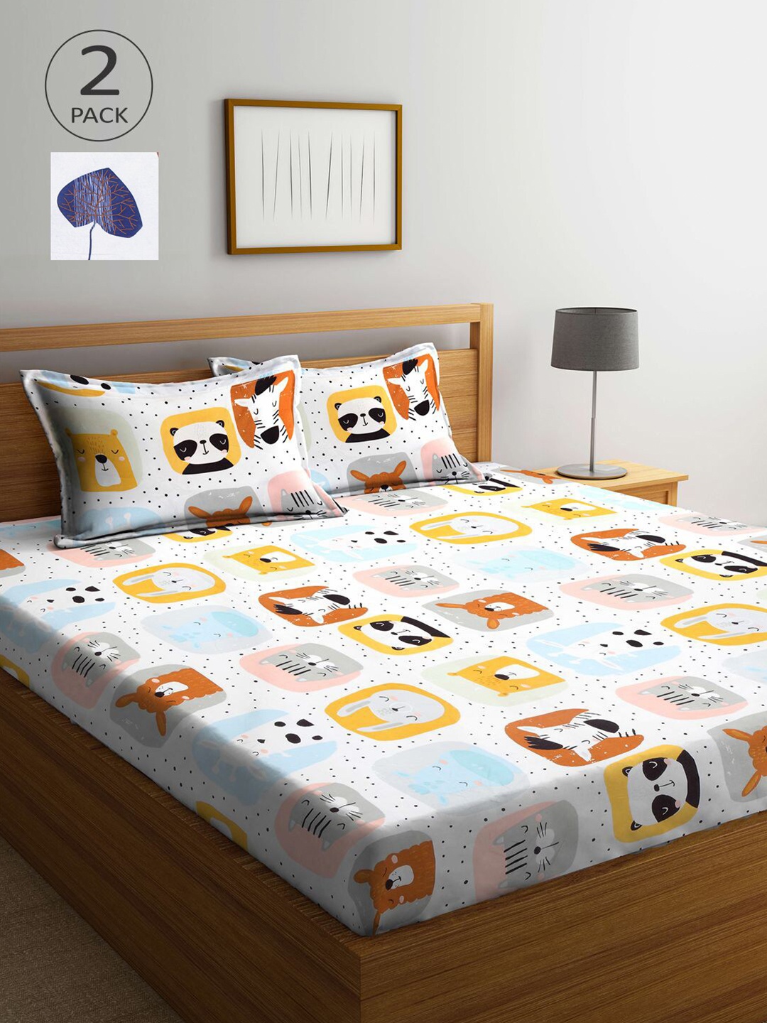 

KLOTTHE White & Blue Cartoon Characters 210 TC 2 King Bedsheet with 4 Pillow Covers